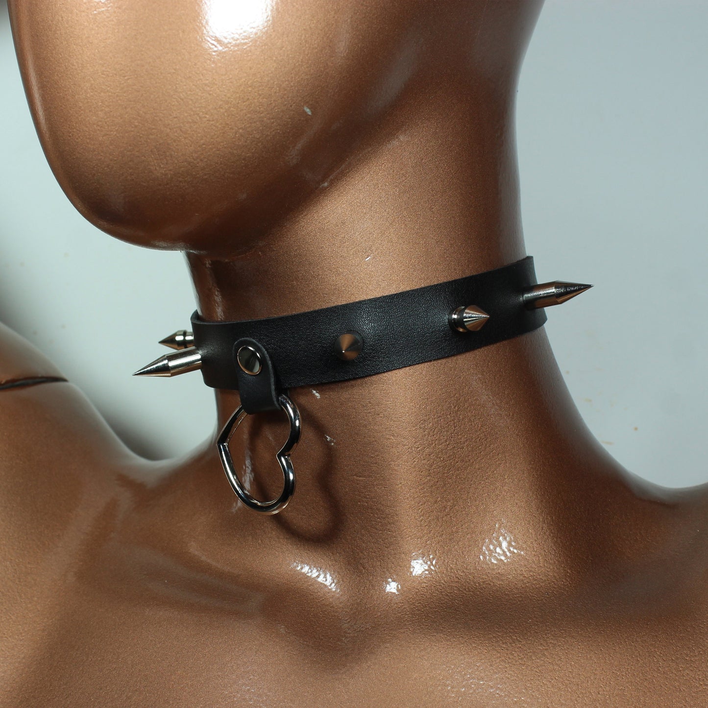 Spiked Leather Choker, Heart Charm, Gothic Collar, Halloween Costume