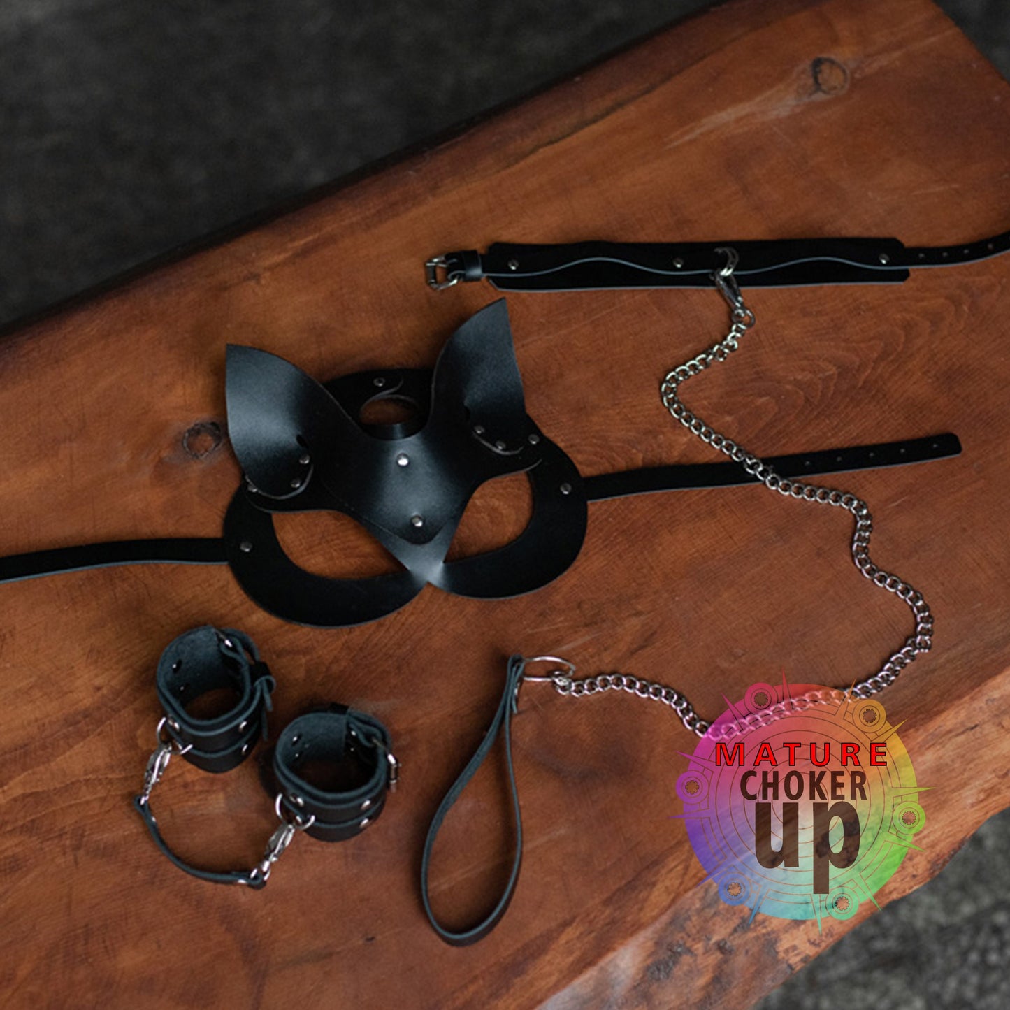 Personalized Gift,  Collar and Leash Set,  Chain Leash,  Love Game,  Anniversay Gift,  Leather Handcuffs,  Women Leash Set, Leather Cat Mask