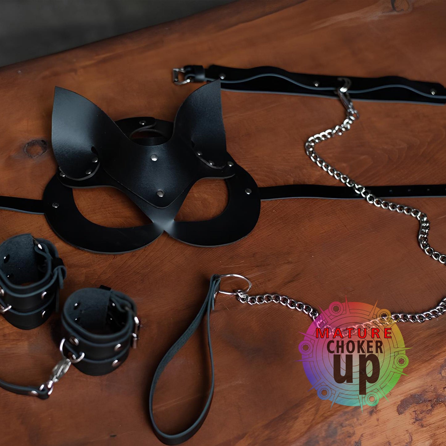 Personalized Gift,  Collar and Leash Set,  Chain Leash,  Love Game,  Anniversay Gift,  Leather Handcuffs,  Women Leash Set, Leather Cat Mask