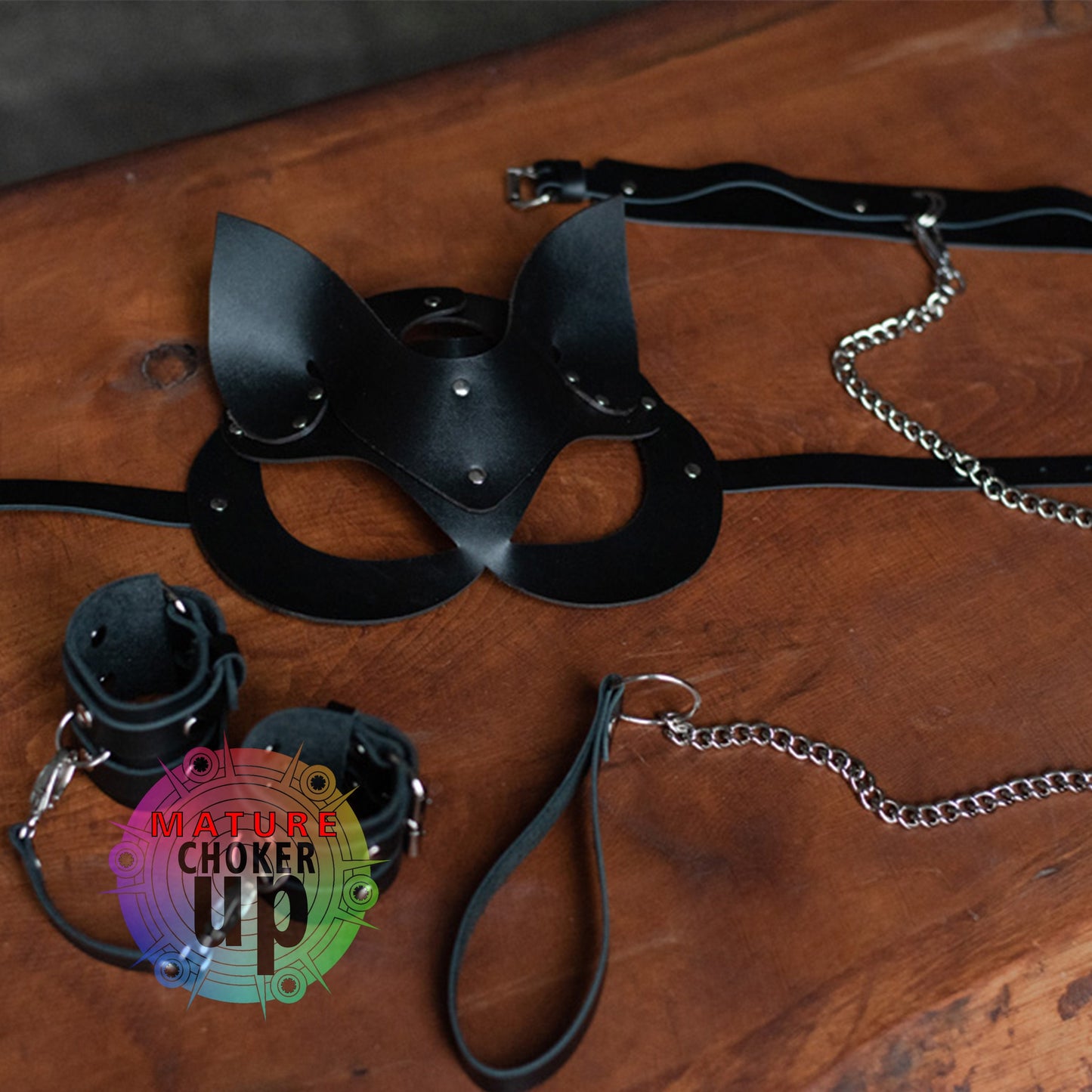 Leather Cat Mask Set, Handcuffs, Chain Leash
