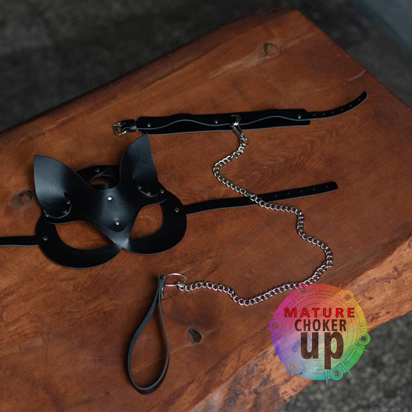 Personalized Gift,  Collar and Leash Set,  Chain Leash,  Love Game,  Anniversay Gift,  Leather Handcuffs,  Women Leash Set, Leather Cat Mask