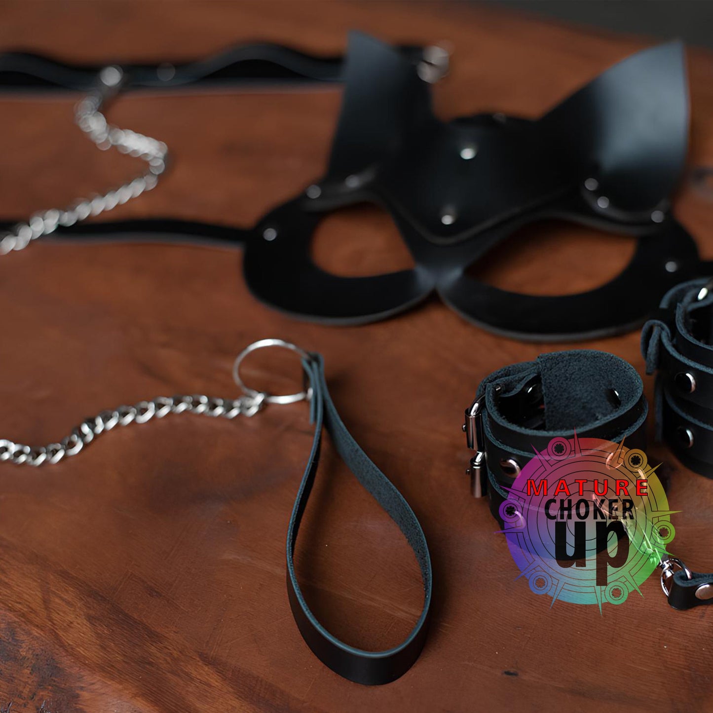 Leather Cat Mask Set, Handcuffs, Chain Leash