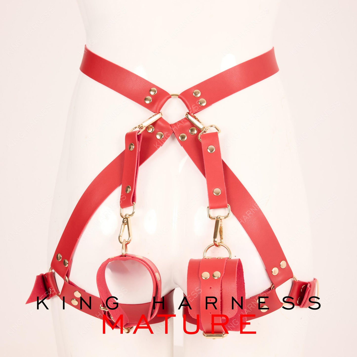 Thigh Garter Belt, Butt Harness, Bondage Harness, BDSM Cuffs, Plus Size Garter Belt, Harness Lingerie, Red Leather Harness, Kinky Lingerie