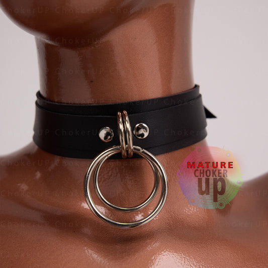 Handmade Leather Choker, Dual Metal Rings, Modern Day Collar