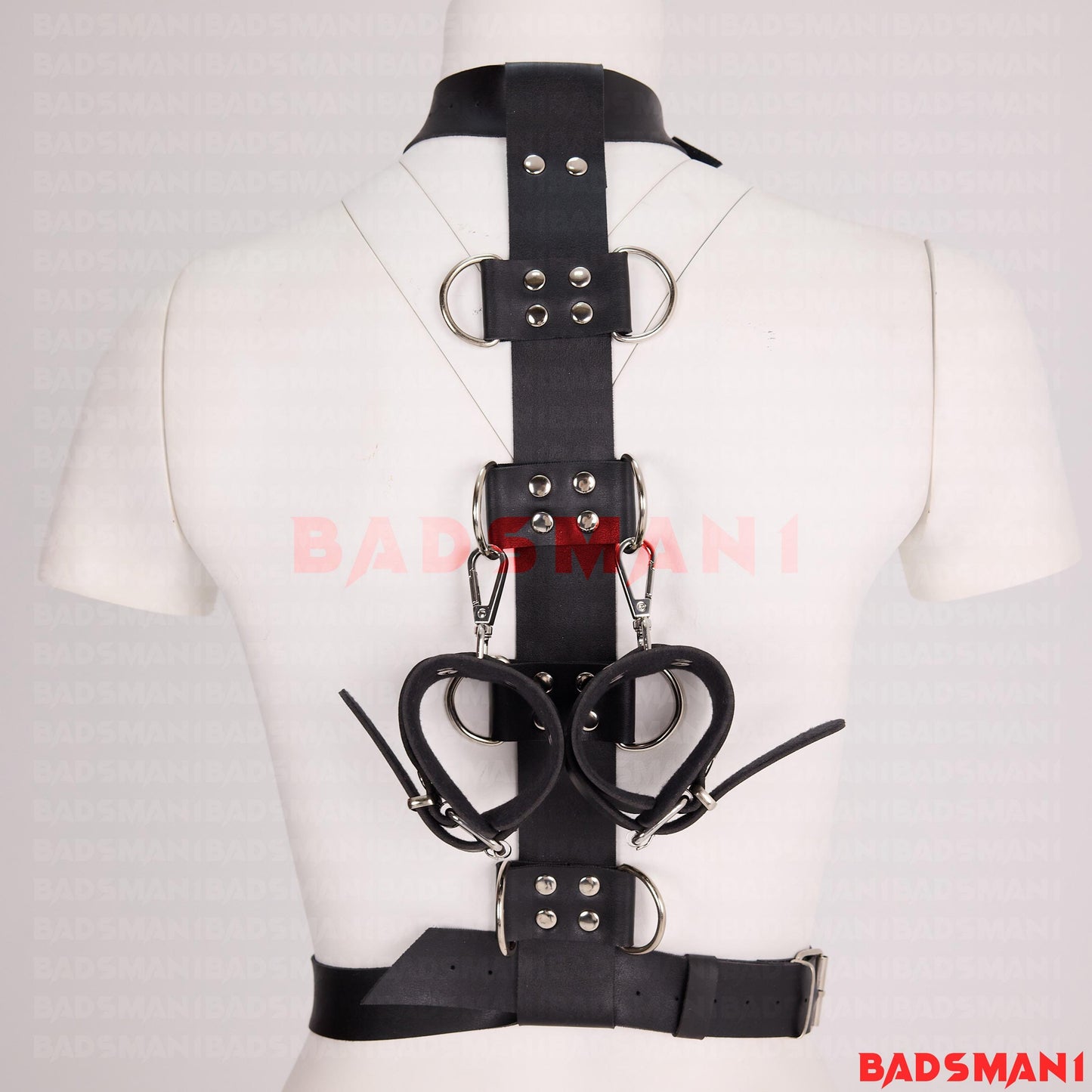 Handmade Leather BDSM Back Restraint Harness, Heavy Duty Bondage, Back Bondage, Neck to Back Hogtie Restraint, Custom Bdsm Set, Cuffs Set