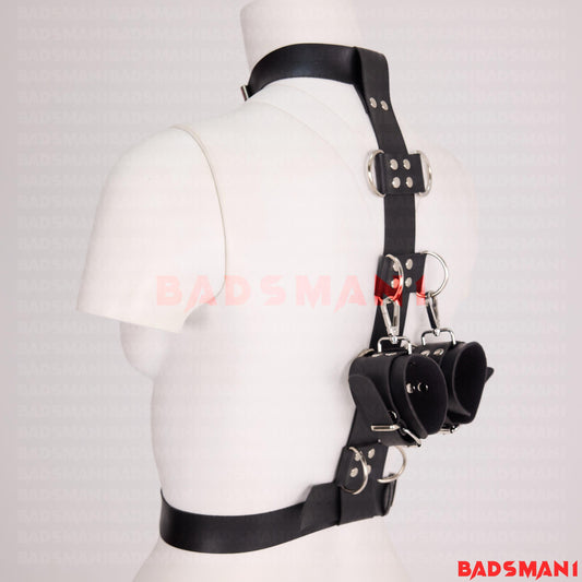 Handmade Leather BDSM Back Restraint Harness, Heavy Duty Bondage, Back Bondage, Neck to Back Hogtie Restraint, Custom Bdsm Set, Cuffs Set
