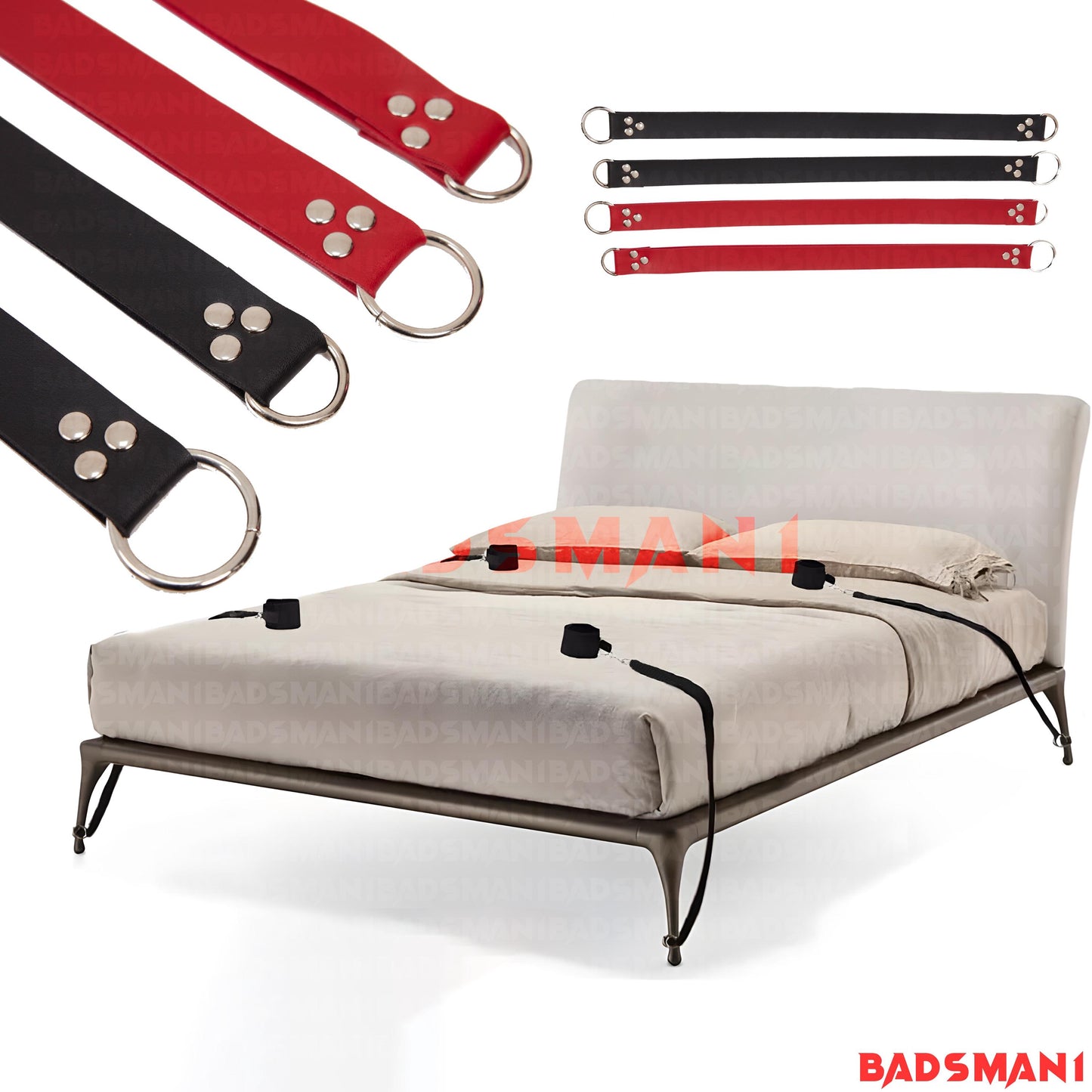 BDSM Set of 4 Bed Restraints, Four Straps for Bed Restraints, Bed Bondage Restraints, Adjustable Leather, Bondage Connectors, Bed Straps