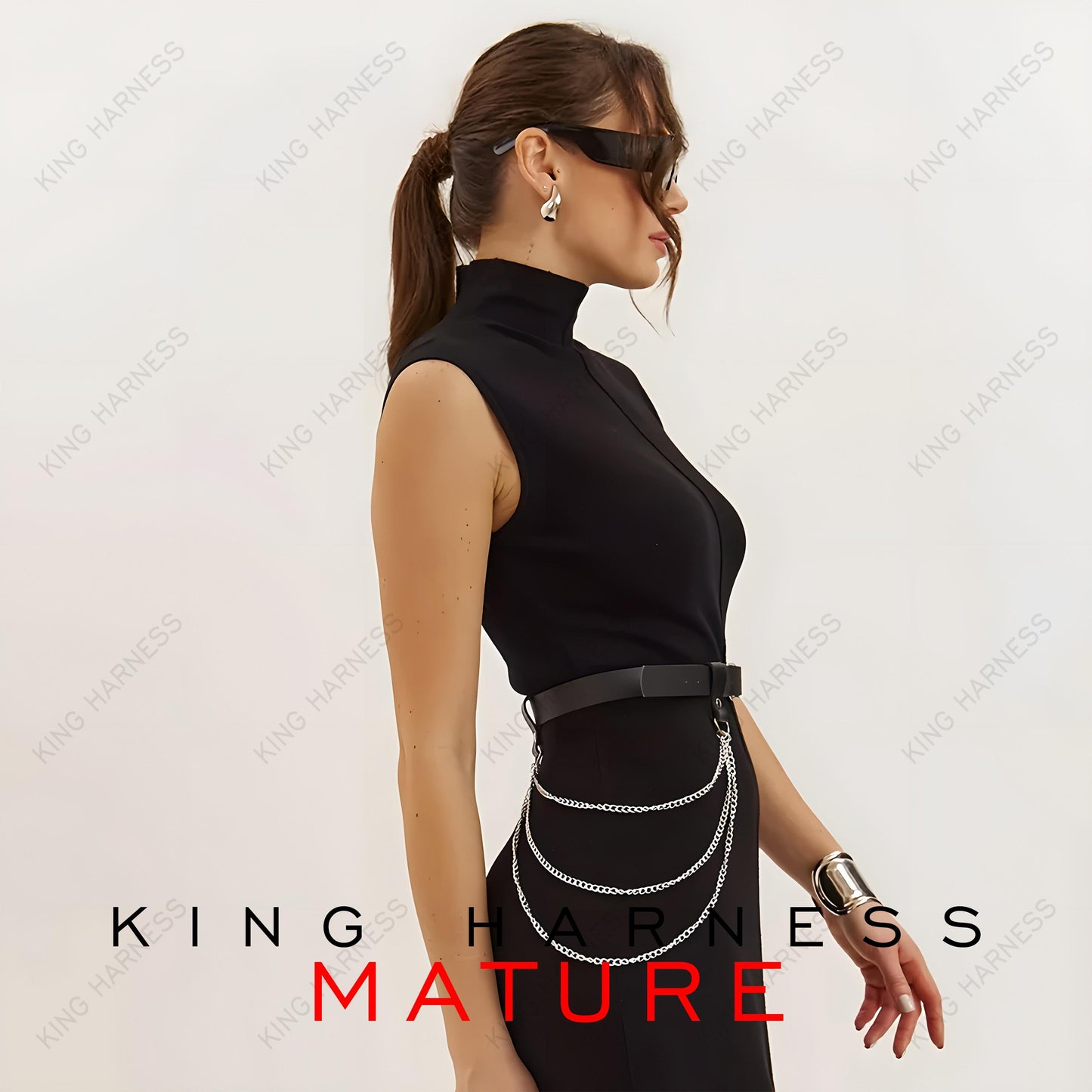 Black Leather Waist Chain Harness, Fetish-Inspired Body Chain Belt, Modern, Minimal, Striking, Gothic Waist Chain Belt, Gold Chain Harness