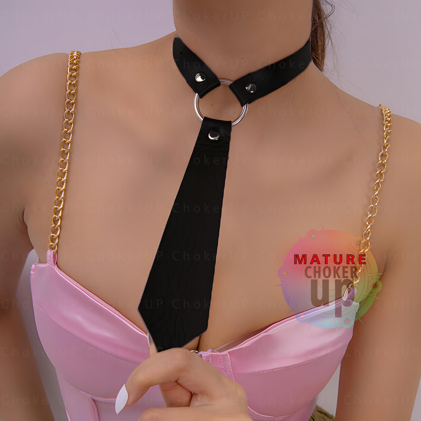 Faux Leather Tie Choker, Gothic O-Ring Collar, Adjustable