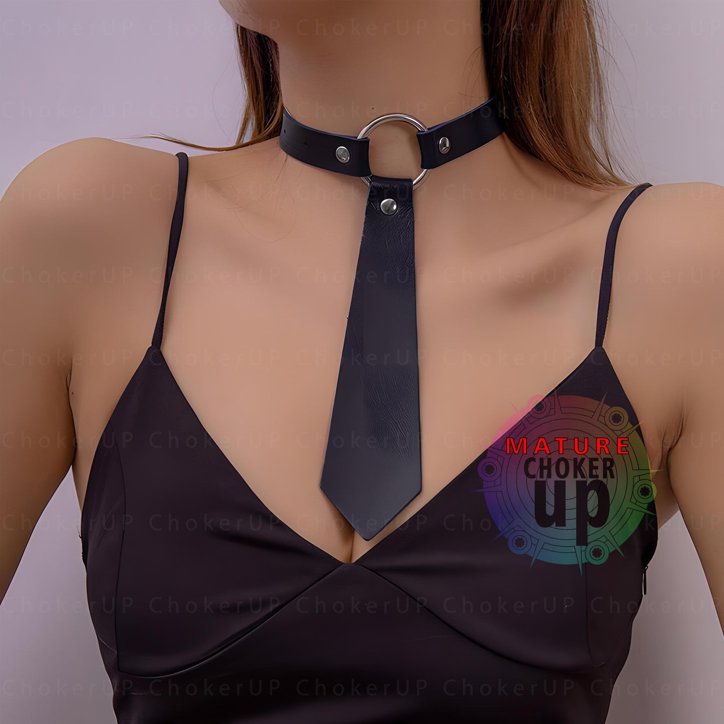 Faux Leather Tie Choker, Gothic O-Ring Collar, Adjustable