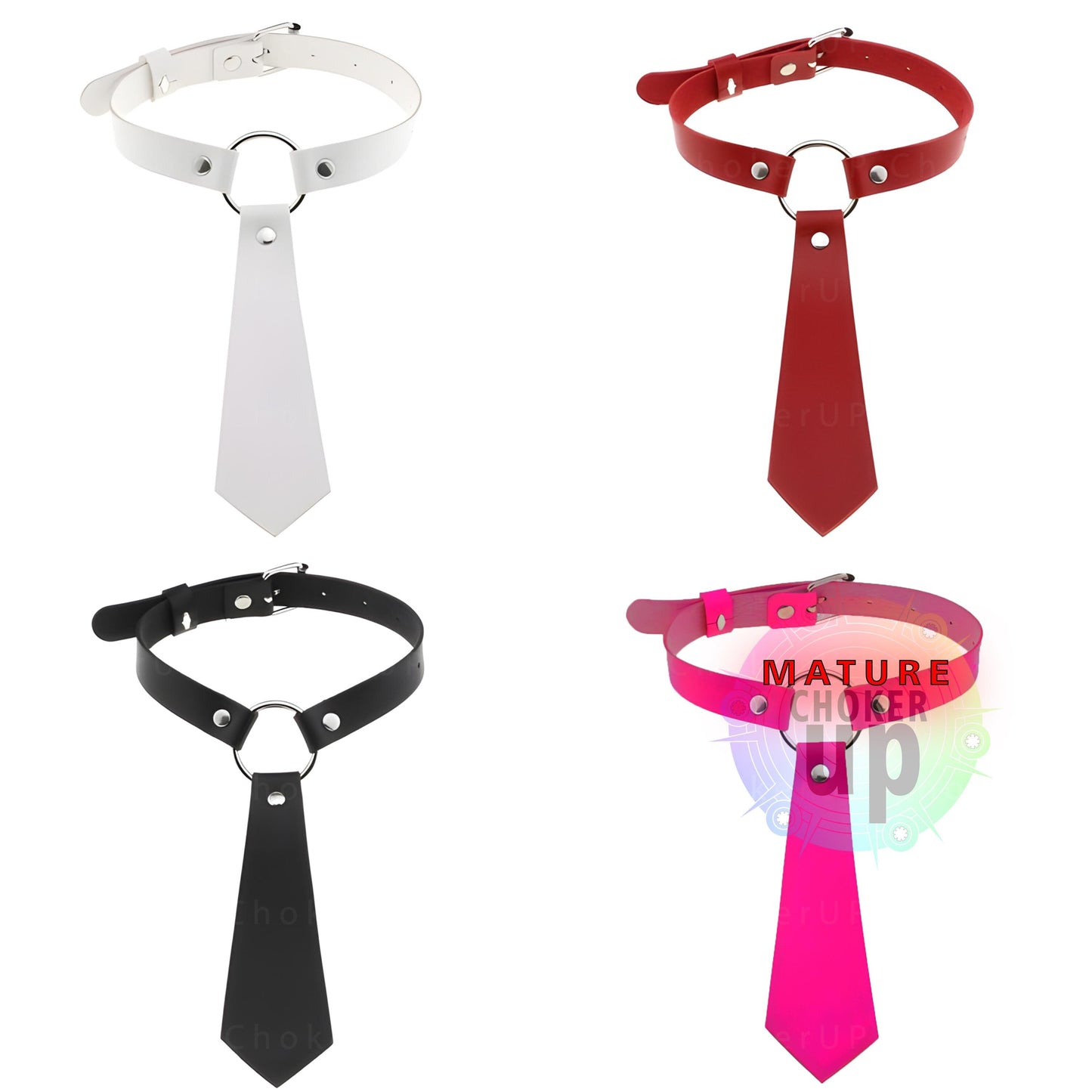 Faux Leather Tie Choker, Gothic O-Ring Collar, Adjustable