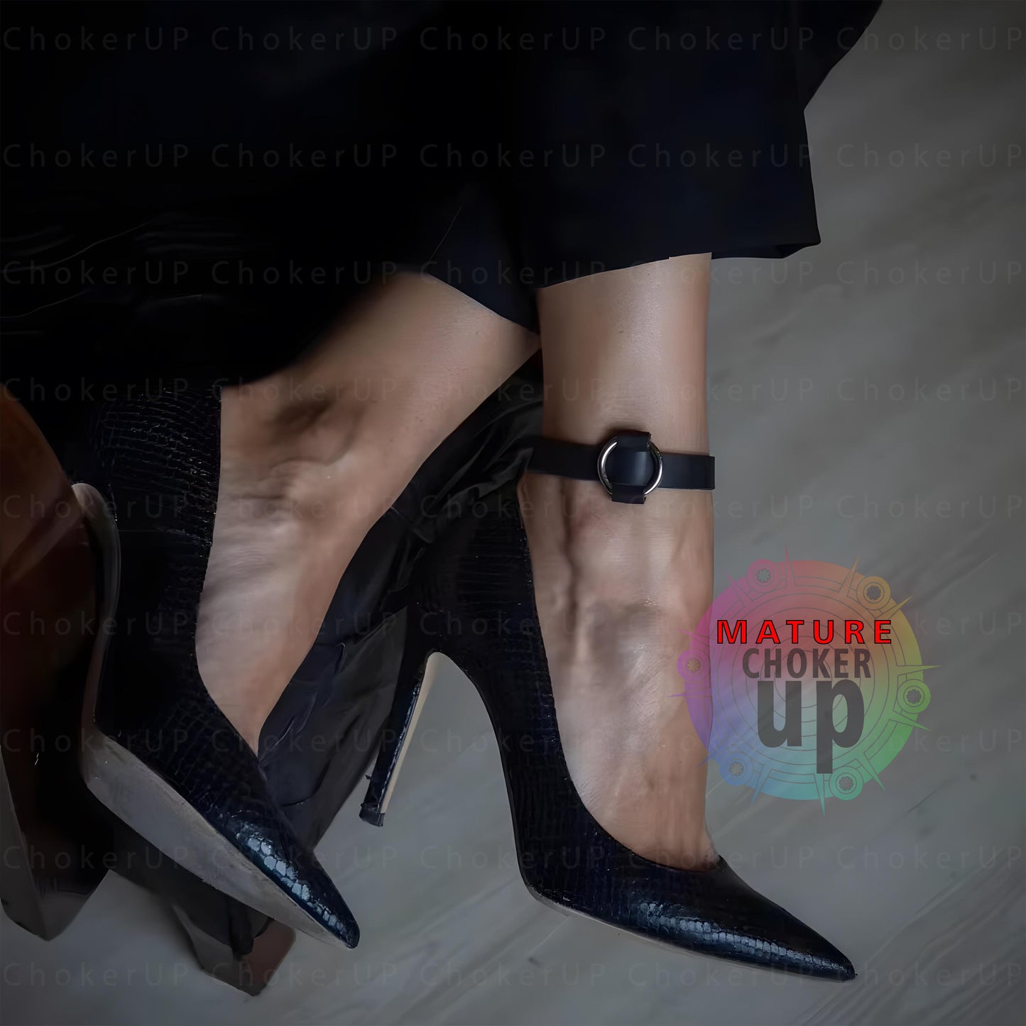 Black Vegan Leather Ankle Choker Set, Adjustable Leg Harness