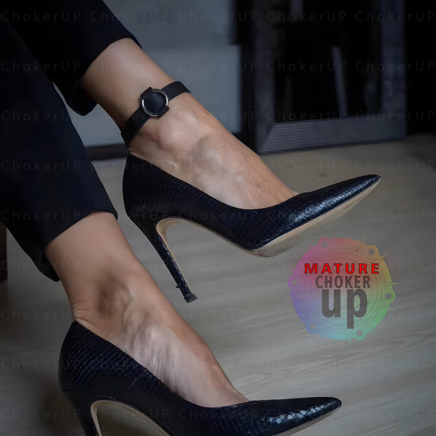 Black Vegan Leather Ankle Choker Set, Adjustable Leg Harness